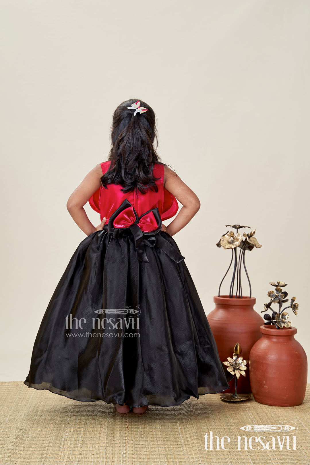 Girls Party Gown With Pink Velvet Yoke Stylish Black Organza Birthday Dress
