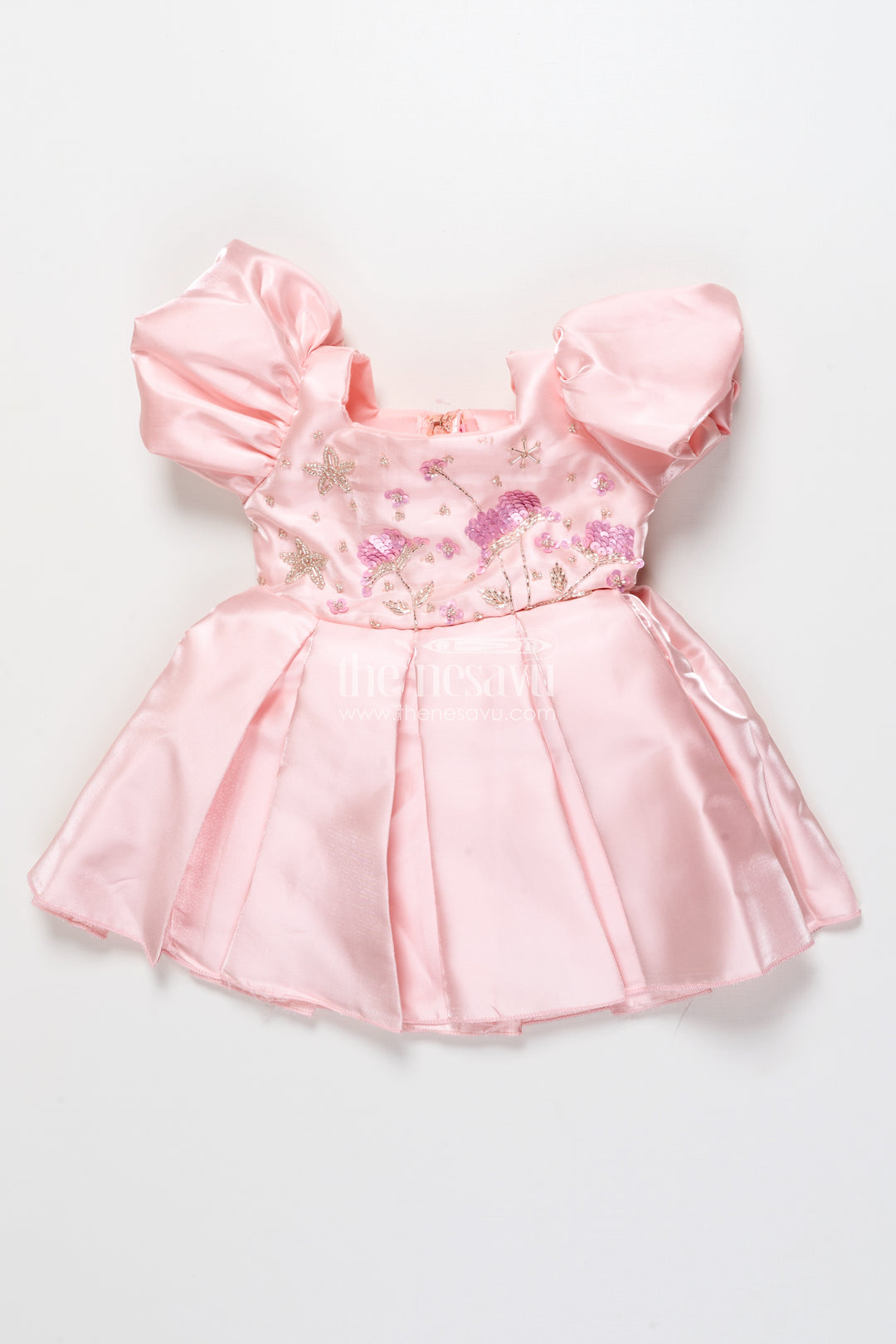 Girls Satin Party Frock with Puff Sleeves and Pleated Skirt