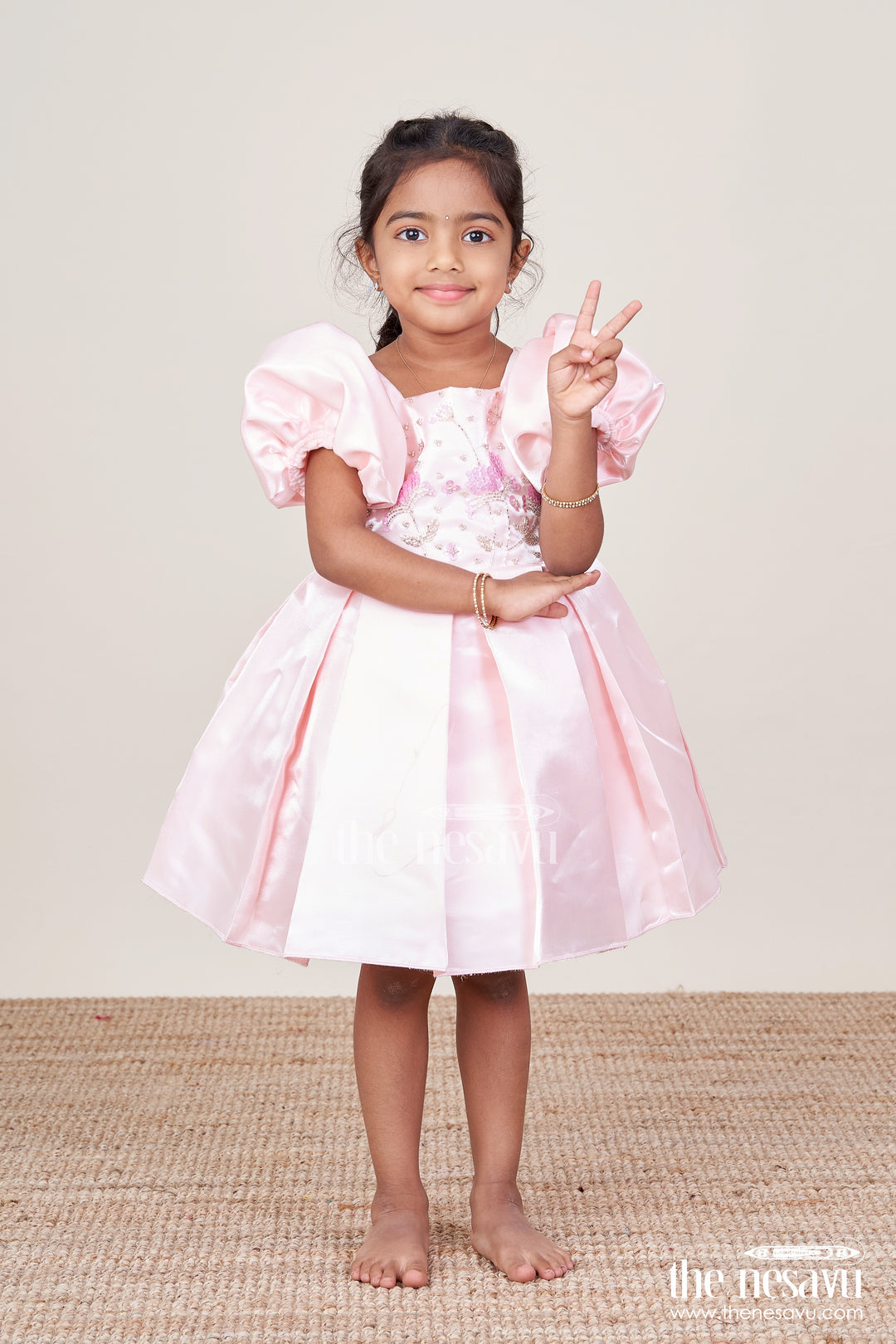 Girls Satin Party Frock with Puff Sleeves and Pleated Skirt
