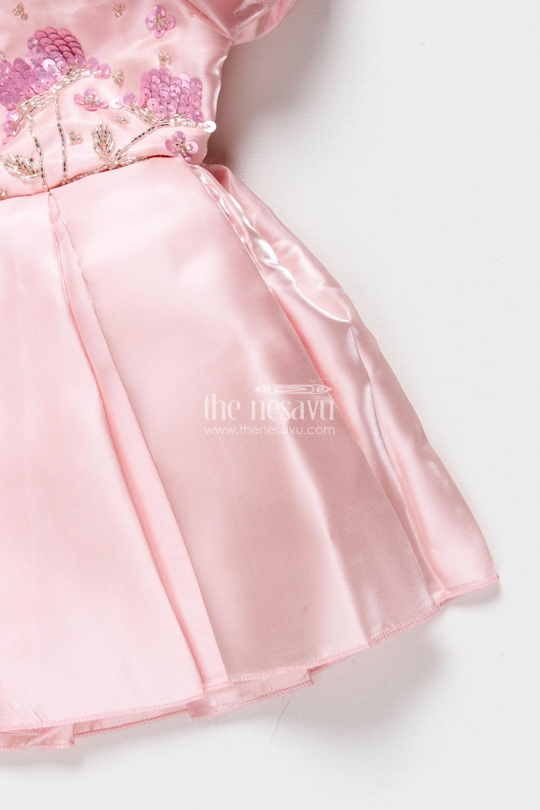 Girls Satin Party Frock with Puff Sleeves and Pleated Skirt