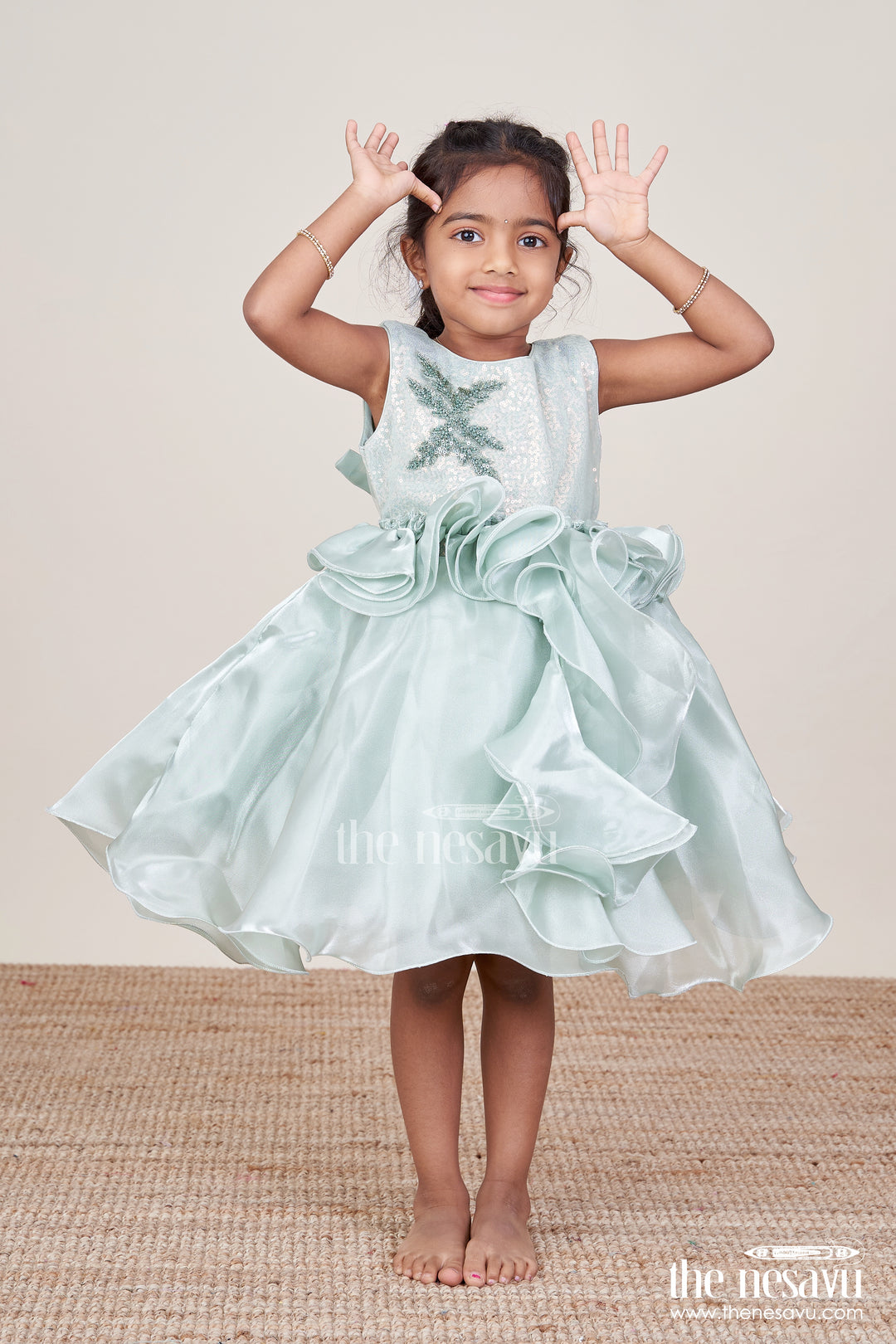Girls Sleeveless Organza Frock with Layered Ruffle Skirt