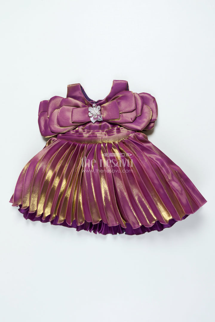 Girls Satin Organza Pleated Party Frock with Bow Elegant Occasion Wear