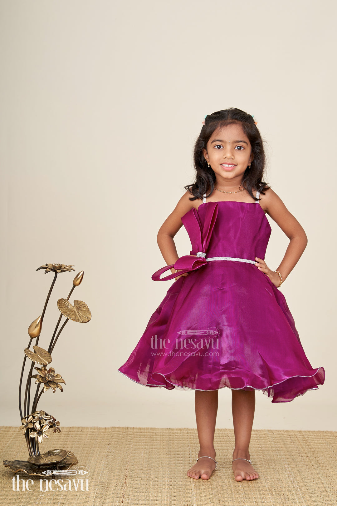 Satin fancy frock for baby girls with layered skirt and floral belt