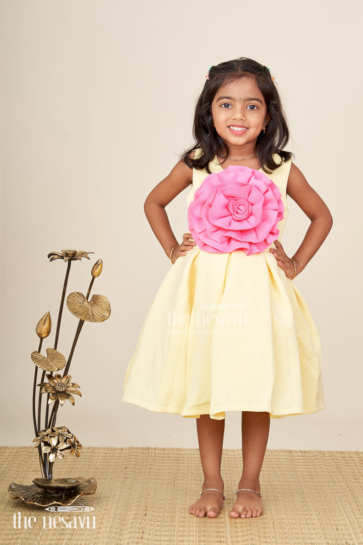 Girls yellow sleeveless party frock with oversized pink flower  birthday special