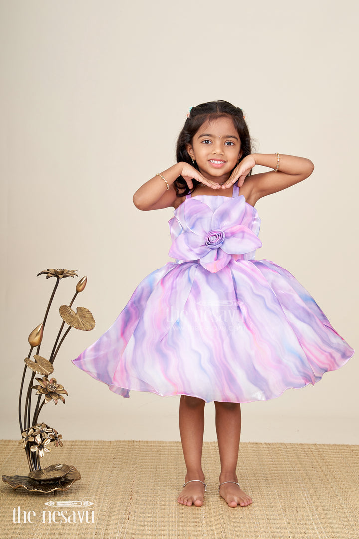 Girls satin pastel swirl party frock with oversized flower detail