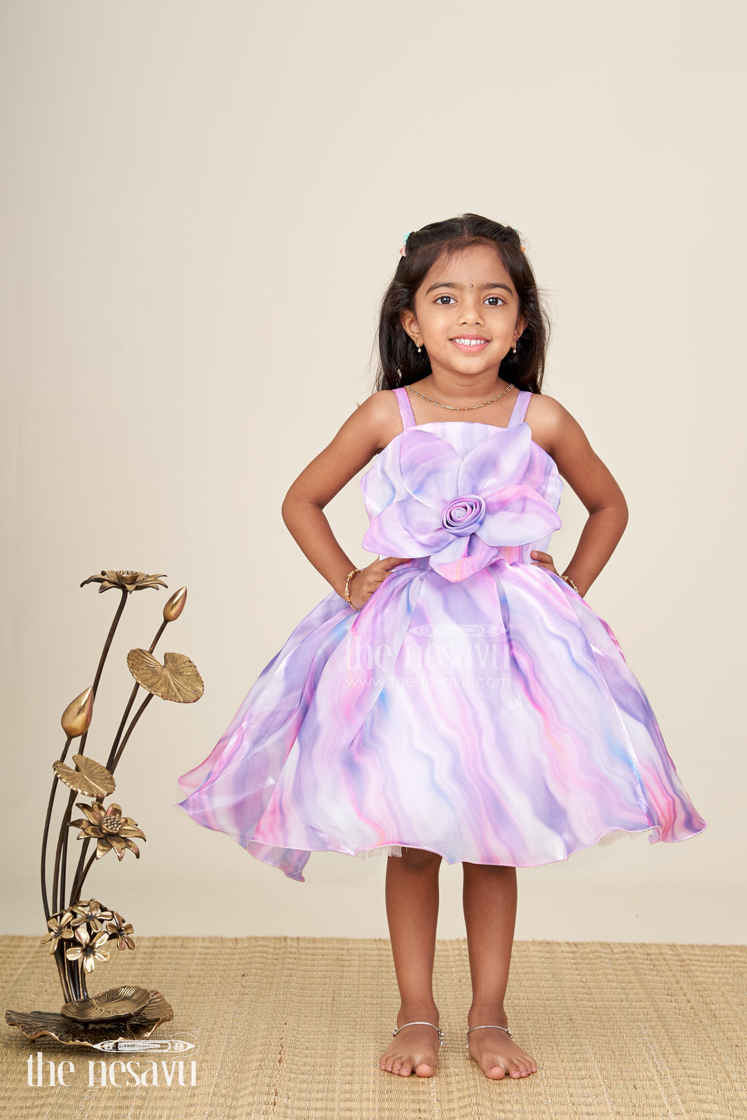 Girls satin pastel swirl party frock with oversized flower detail