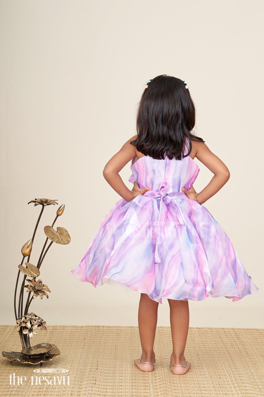 Girls satin pastel swirl party frock with oversized flower detail