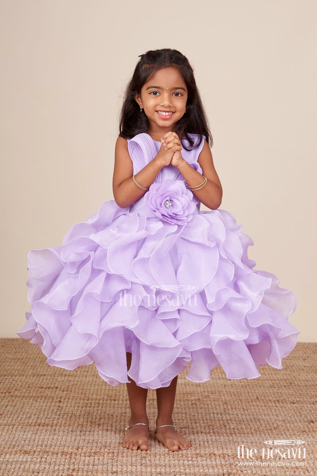 Purple shimmer georgette layered frock for girls birthday parties