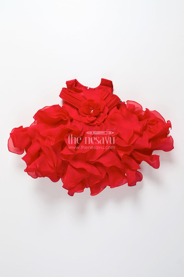 Red shimmer georgette ruffle frock for girls special occasions