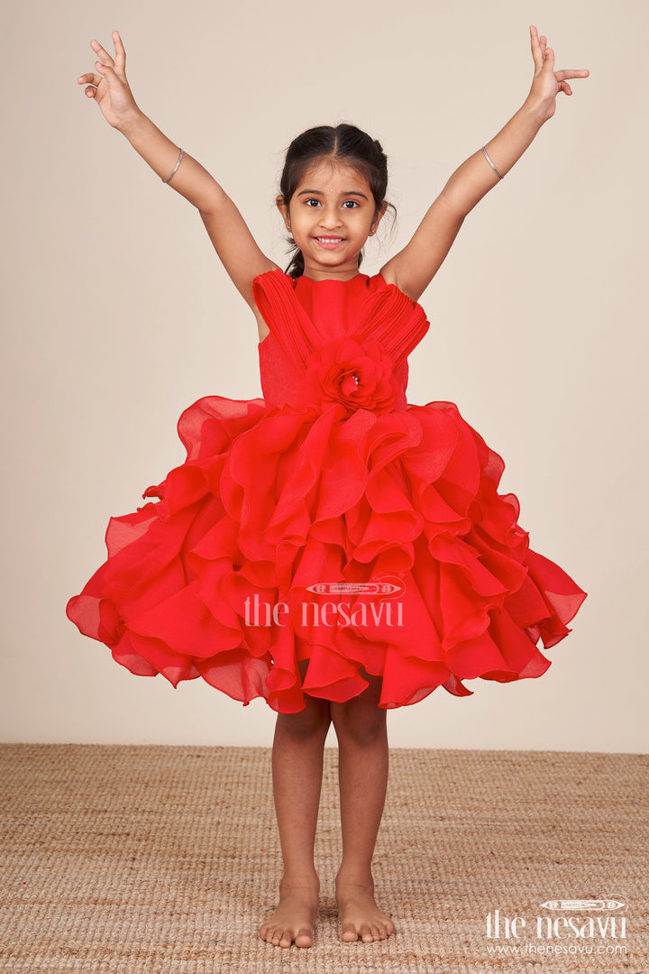 Red shimmer georgette ruffle frock for girls special occasions