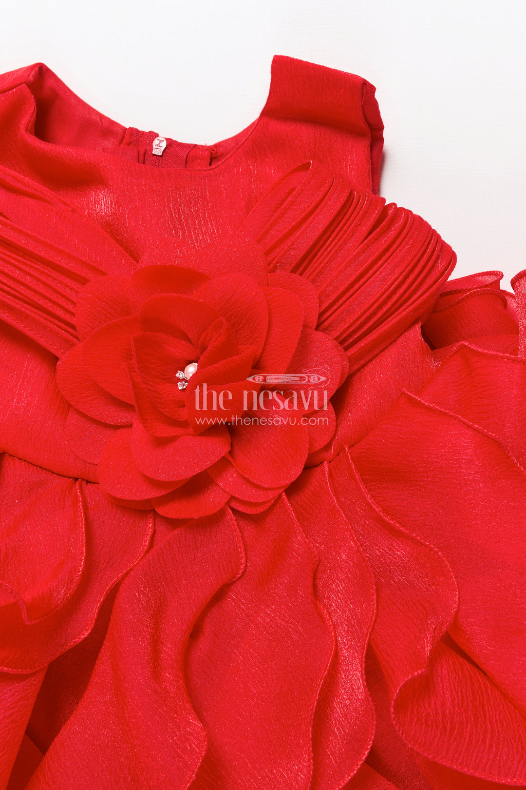 Red shimmer georgette ruffle frock for girls special occasions