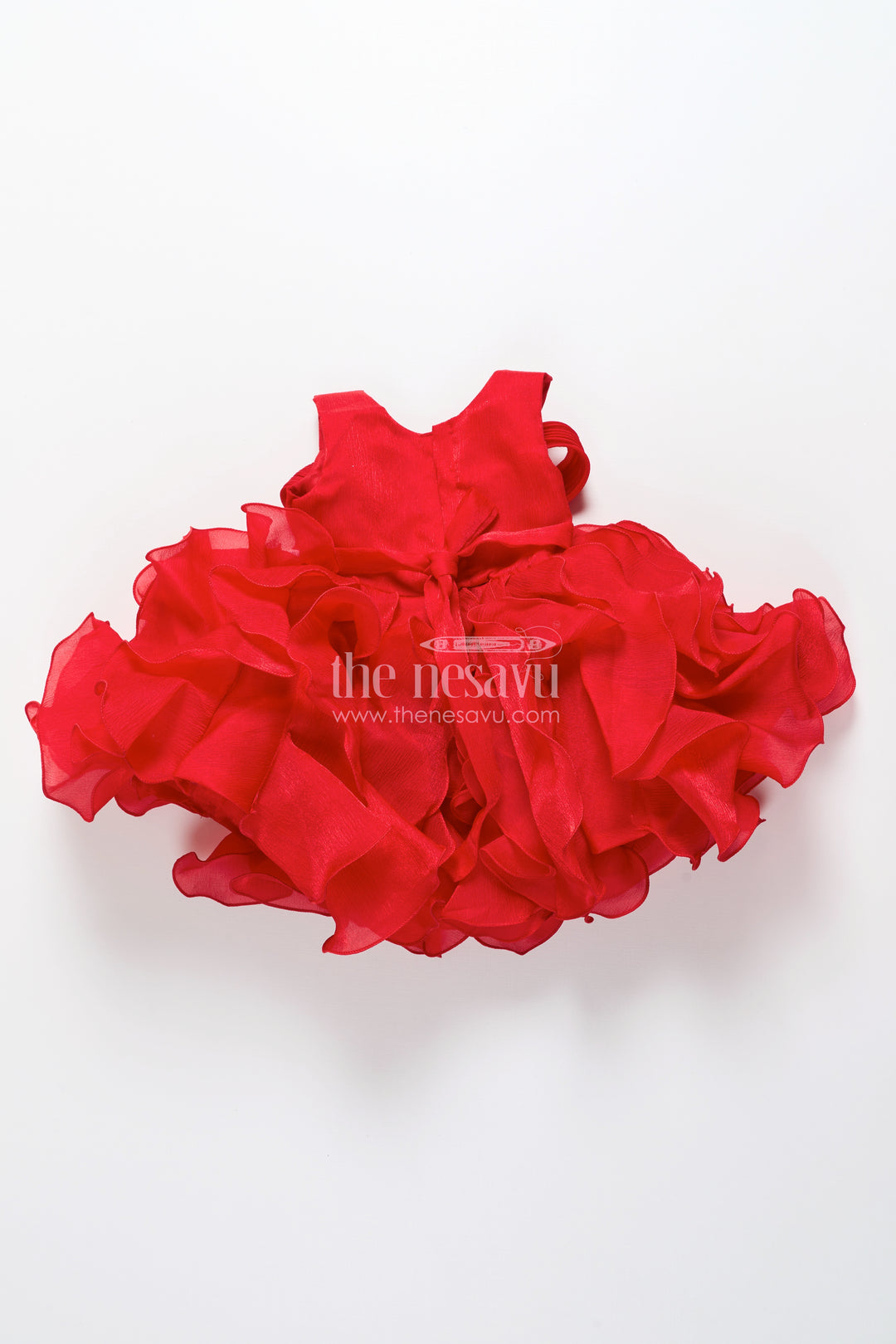 Red shimmer georgette ruffle frock for girls special occasions