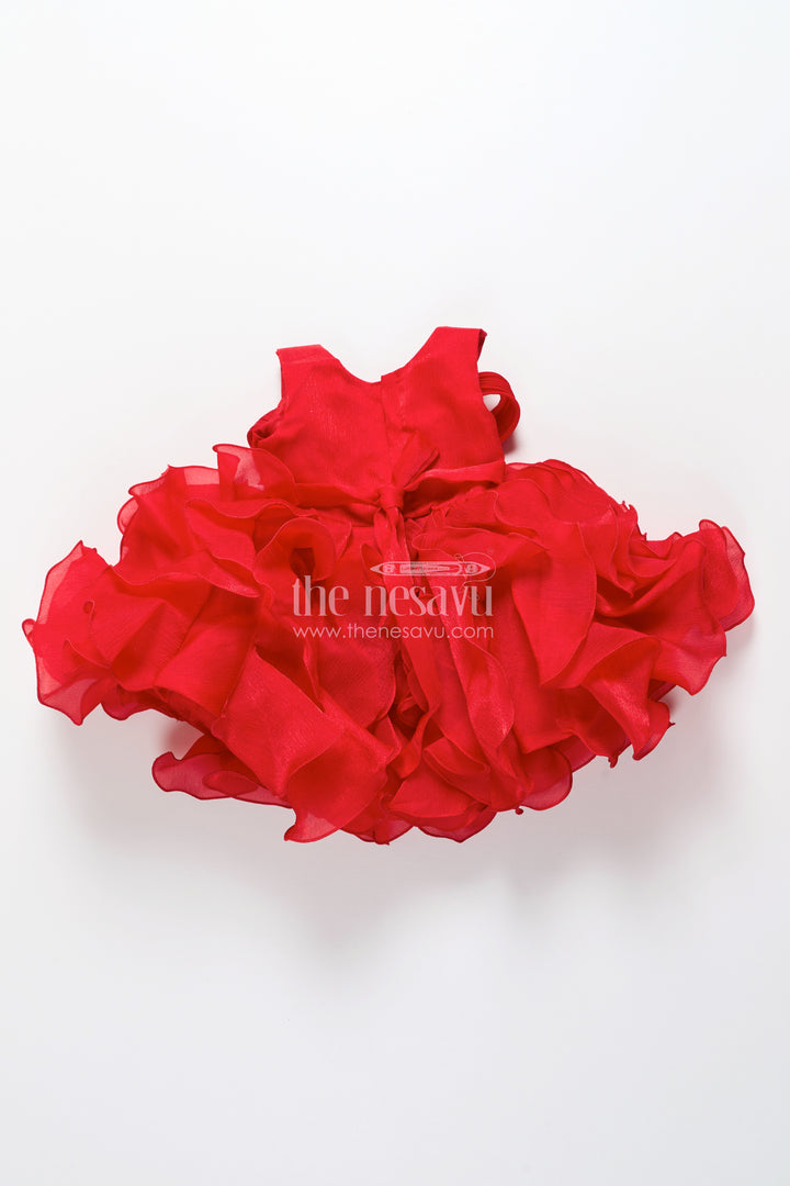 Red shimmer georgette ruffle frock for girls special occasions