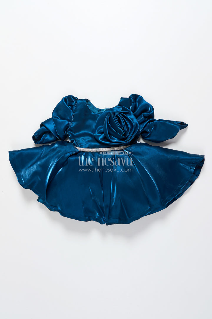 Satin girls party frock with stone embellished belt and matching bow