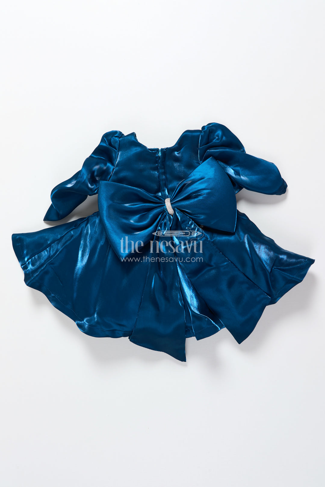 Satin girls party frock with stone embellished belt and matching bow