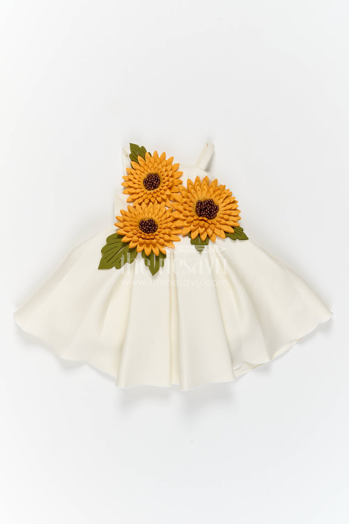 Girls Party Frock in White with Floral Detailing
