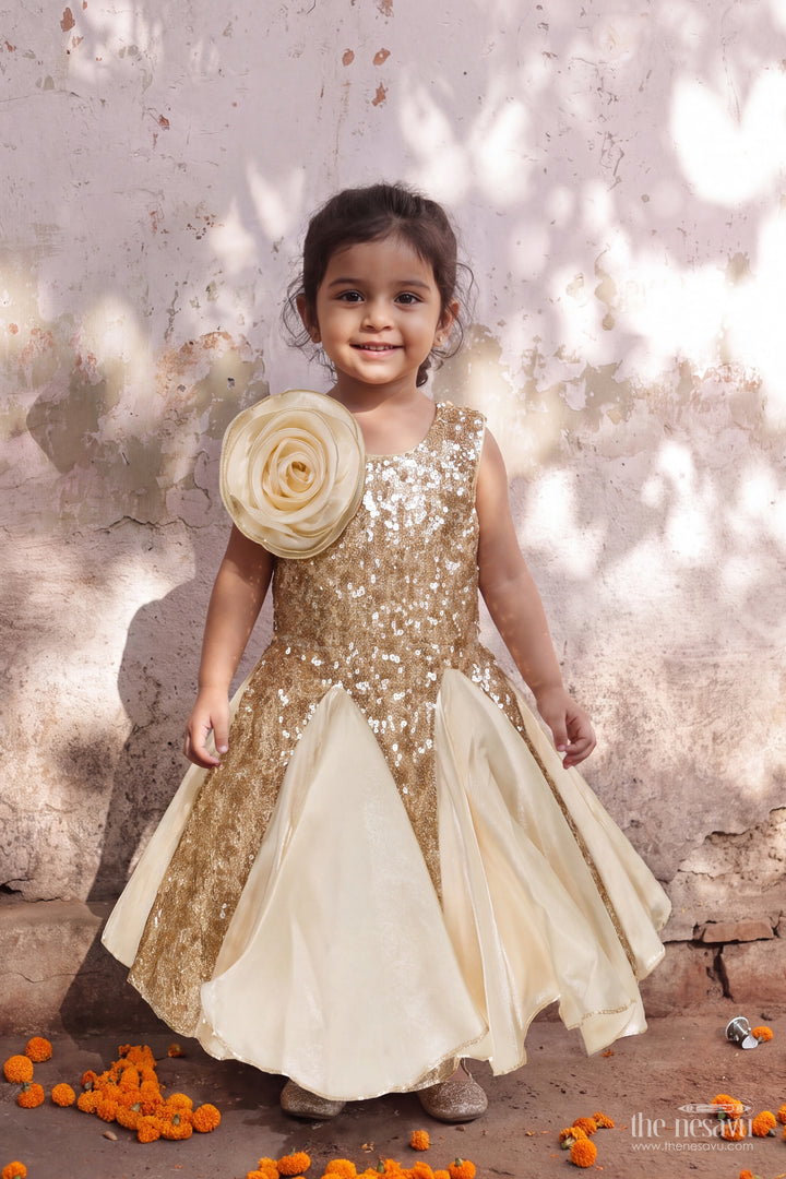 Girls Cream Satin Sequin Rosette Party Frock