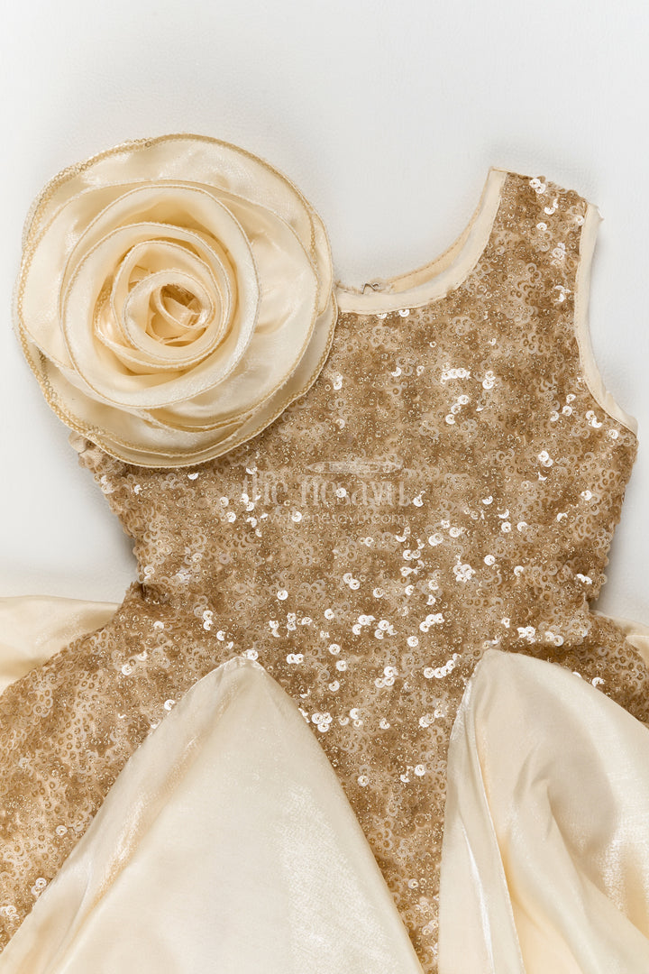 Girls Cream Satin Sequin Rosette Party Frock