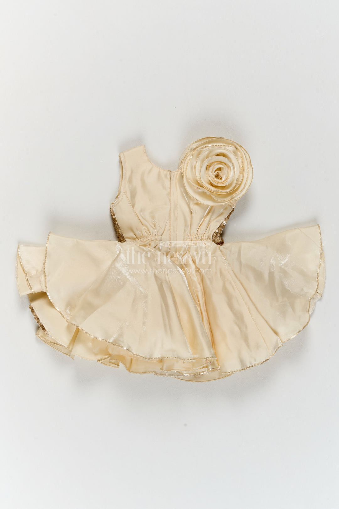 Girls Cream Satin Sequin Rosette Party Frock