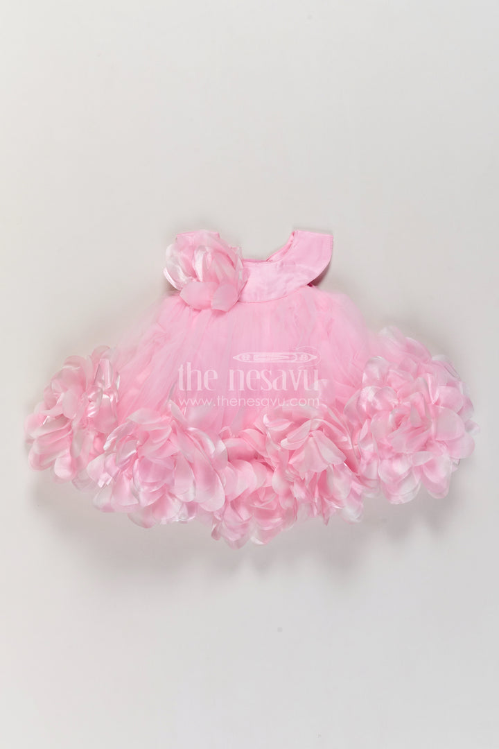 Girls Pink Soft Net Party Frock with Petal Hem and Shoulder Flower