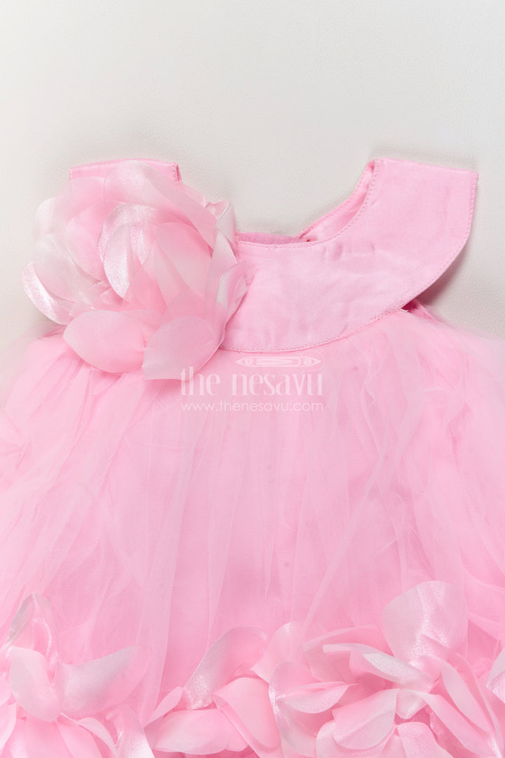 Girls Pink Soft Net Party Frock with Petal Hem and Shoulder Flower