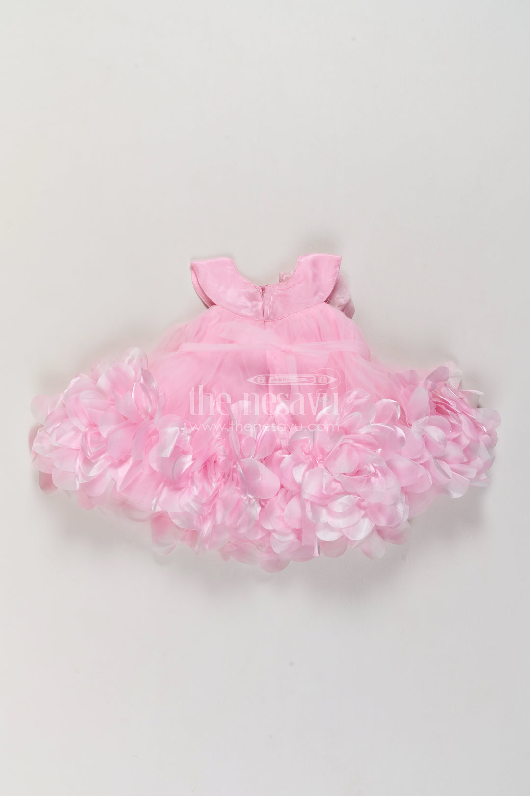Girls Pink Soft Net Party Frock with Petal Hem and Shoulder Flower