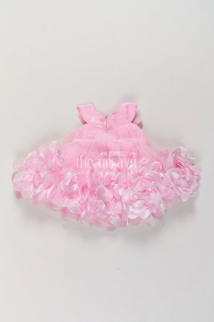 Girls Pink Soft Net Party Frock with Petal Hem and Shoulder Flower