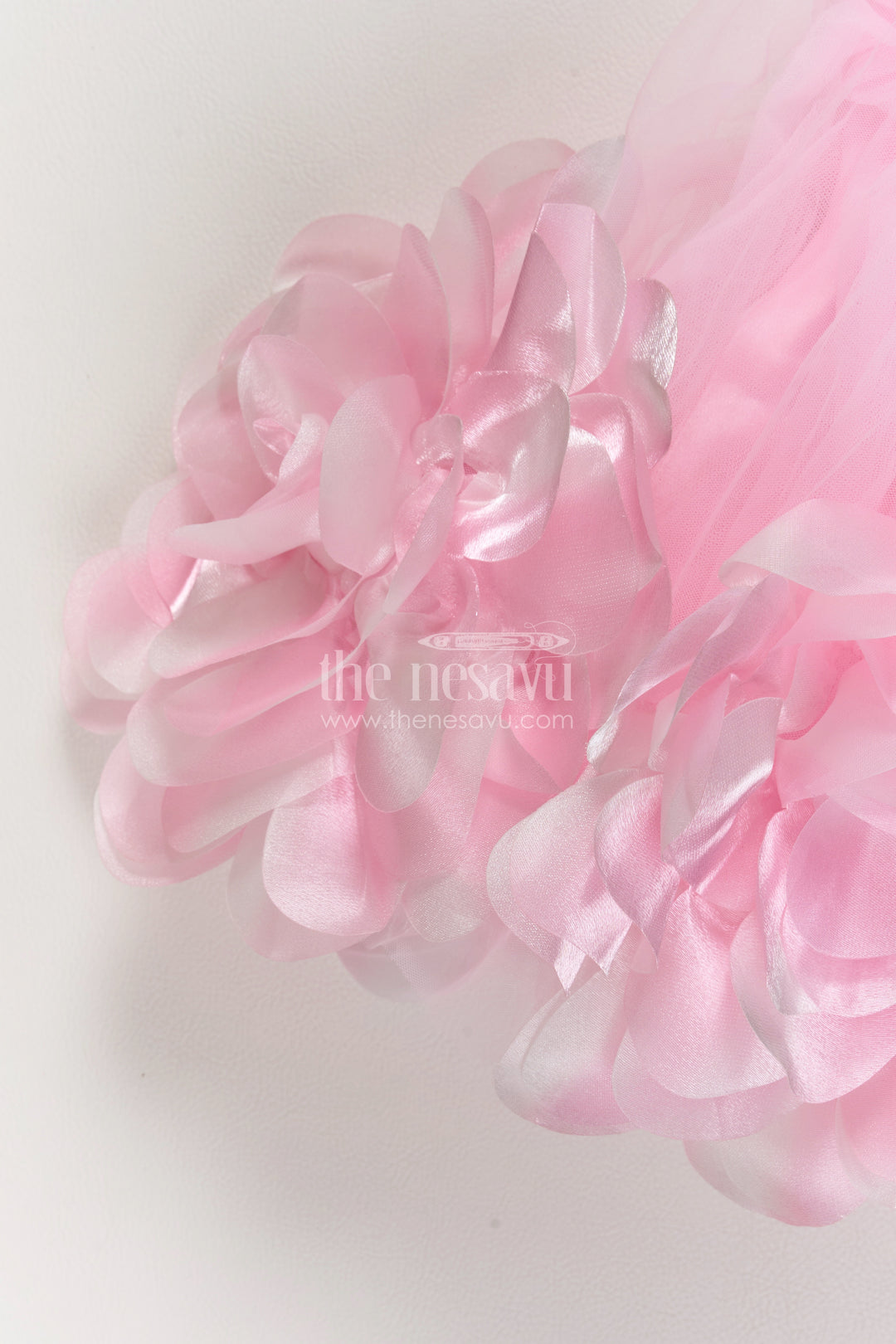 Girls Pink Soft Net Party Frock with Petal Hem and Shoulder Flower
