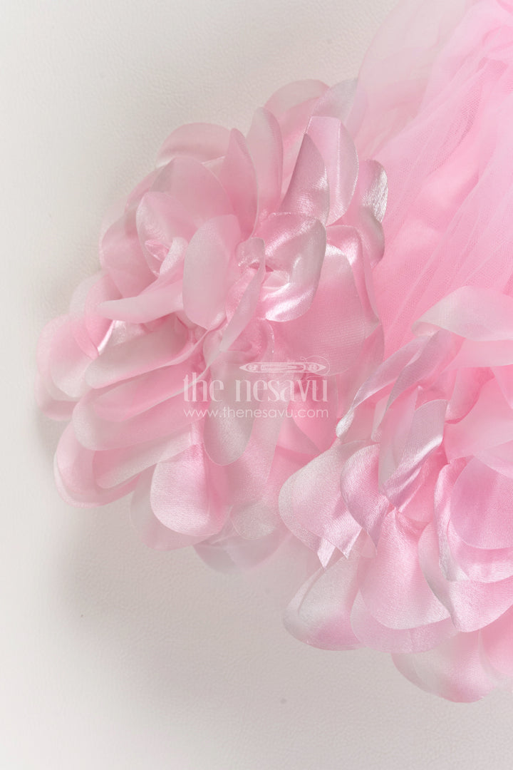 Girls Pink Soft Net Party Frock with Petal Hem and Shoulder Flower
