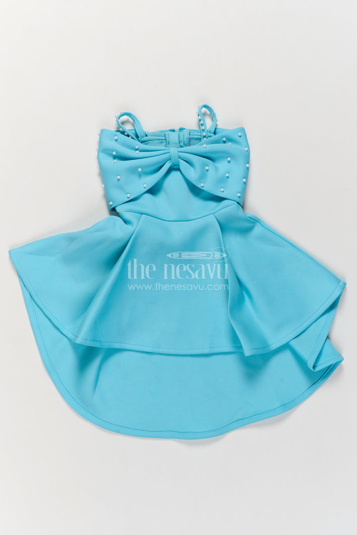 Girls Aqua Scuba Party Frock with Pearl Style Bow and Layered Hem