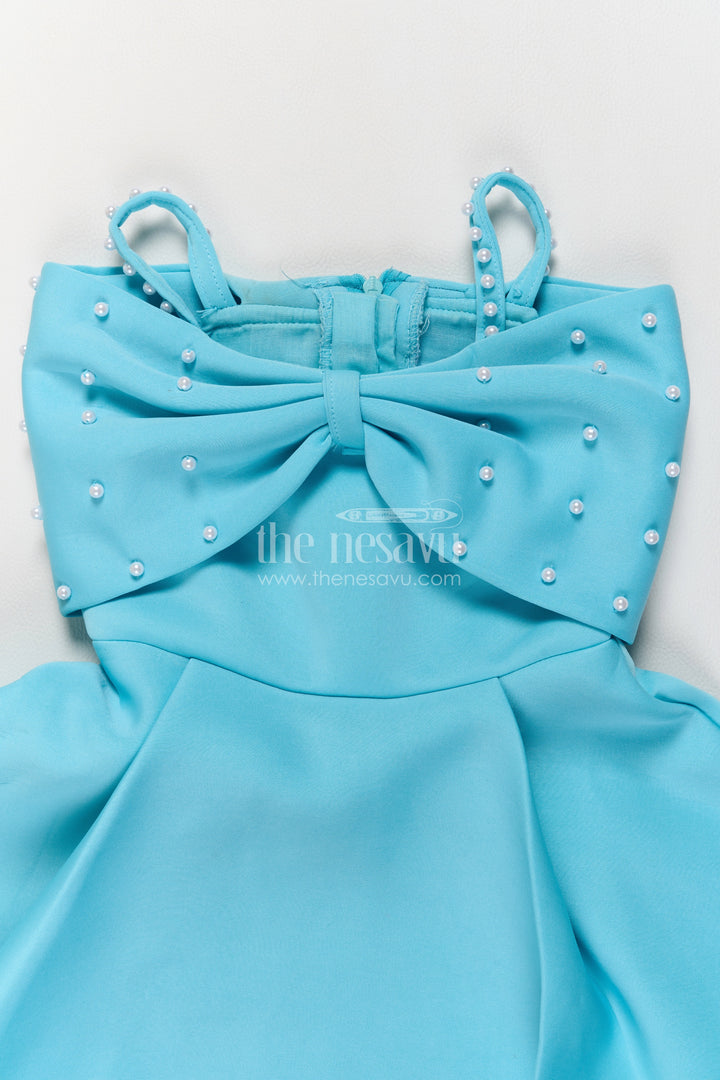 Girls Aqua Scuba Party Frock with Pearl Style Bow and Layered Hem