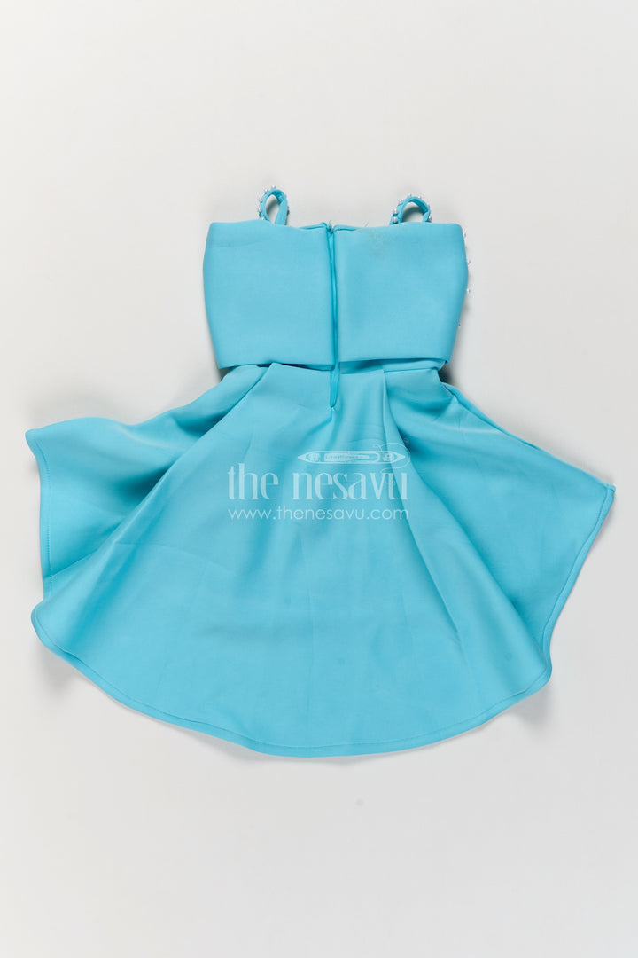 Girls Aqua Scuba Party Frock with Pearl Style Bow and Layered Hem