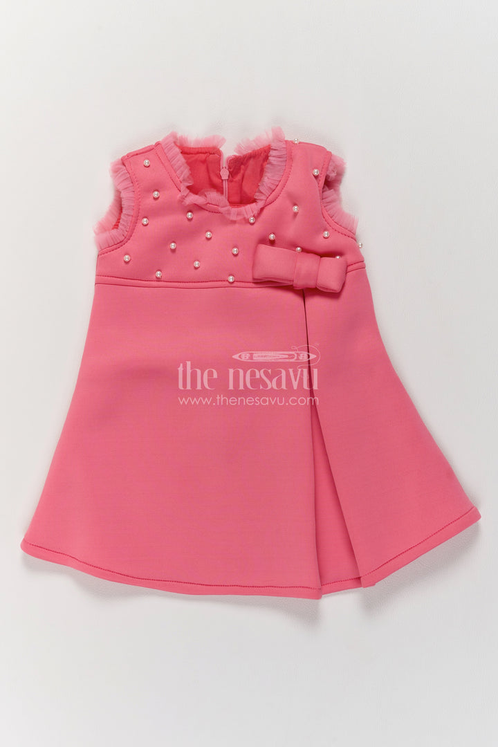 Girls Coral Pink Scuba Party Frock with Pearl Style Yoke and Side Bow