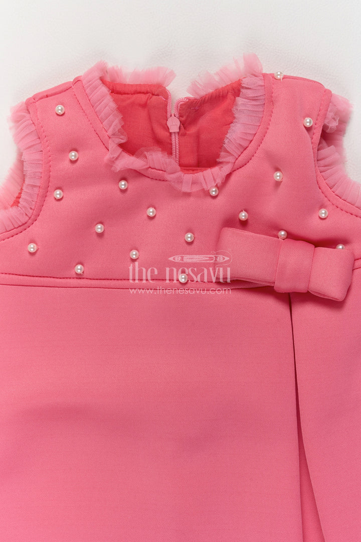 Girls Coral Pink Scuba Party Frock with Pearl Style Yoke and Side Bow