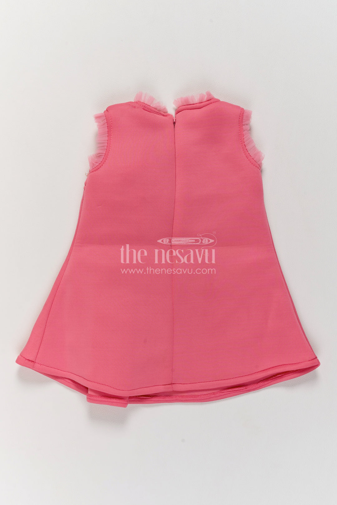 Girls Coral Pink Scuba Party Frock with Pearl Style Yoke and Side Bow