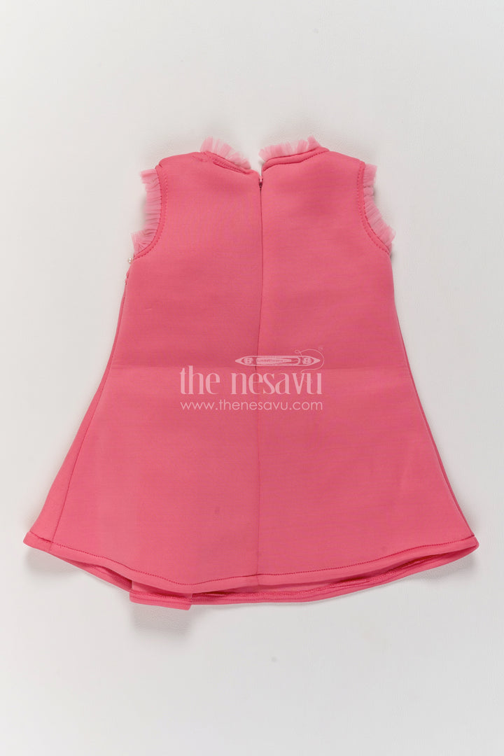 Girls Coral Pink Scuba Party Frock with Pearl Style Yoke and Side Bow