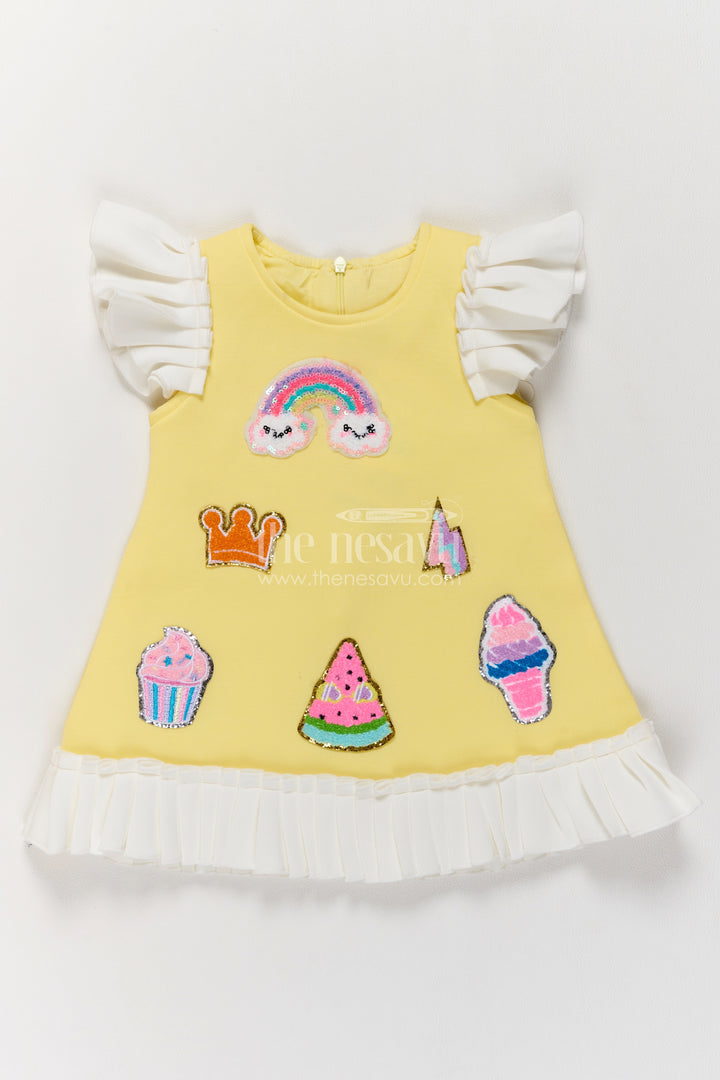 Girls Yellow Scuba Party Frock with Rainbow Patches and White Frills