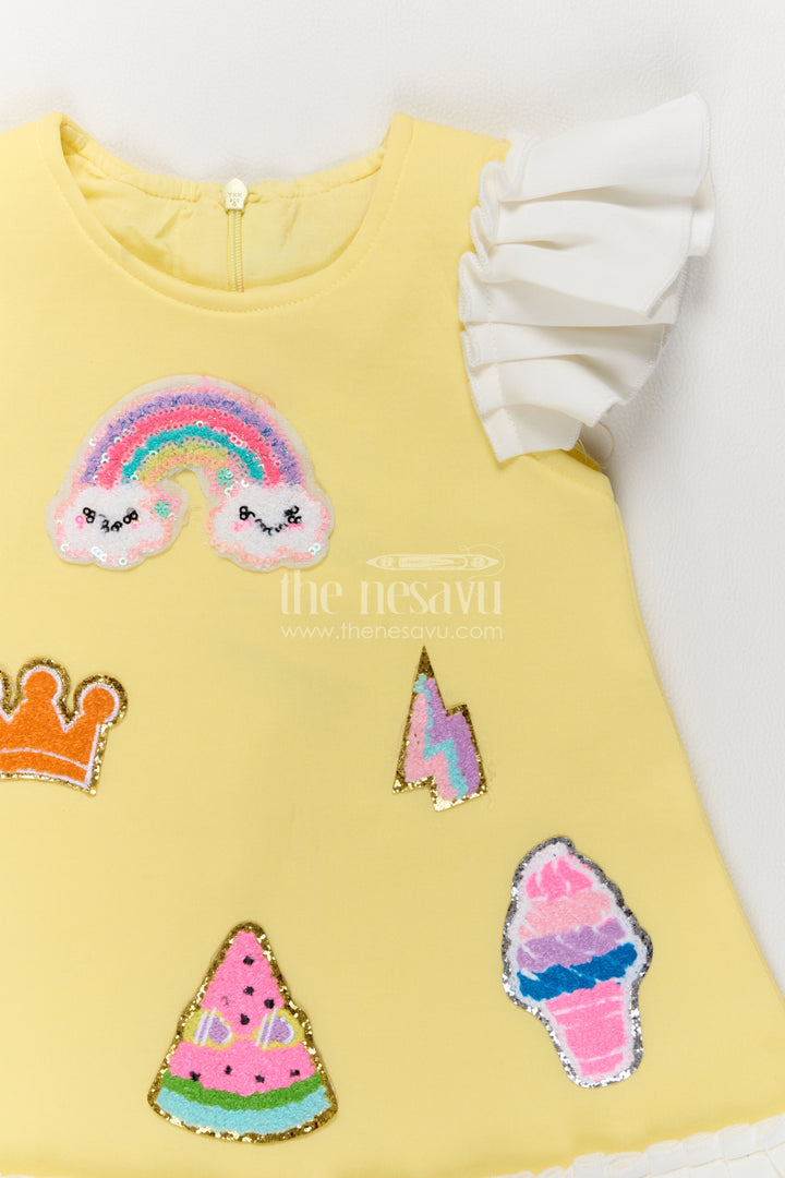 Girls Yellow Scuba Party Frock with Rainbow Patches and White Frills