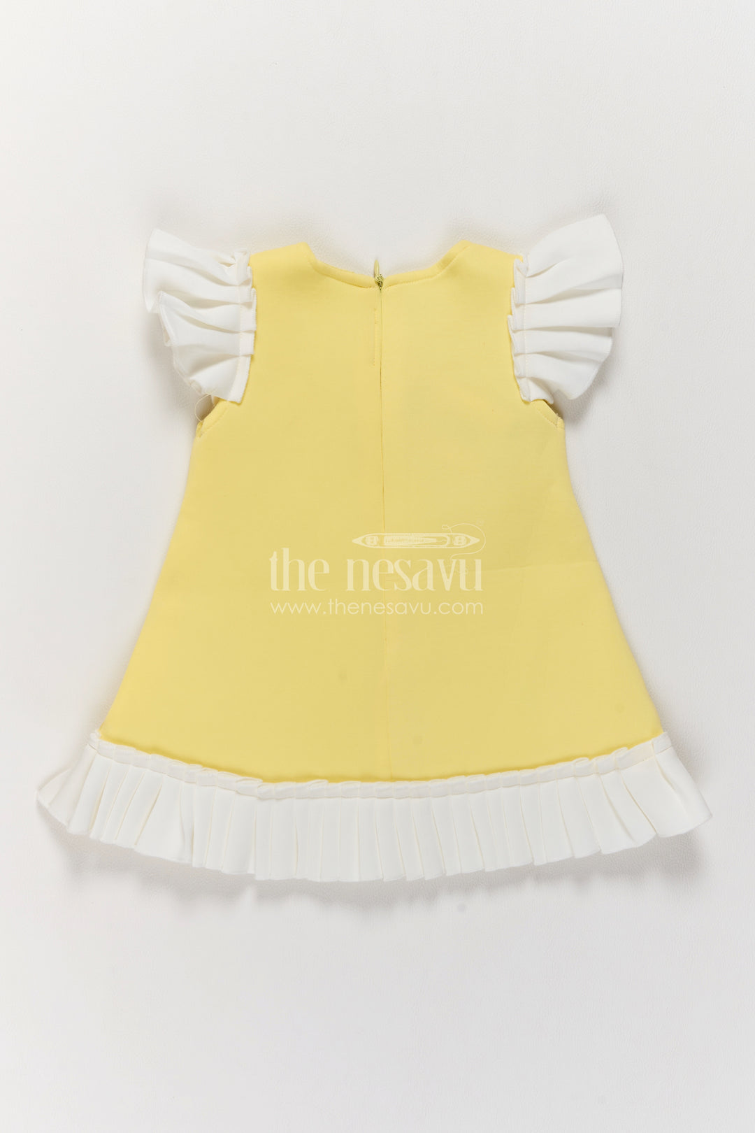 Girls Yellow Scuba Party Frock with Rainbow Patches and White Frills