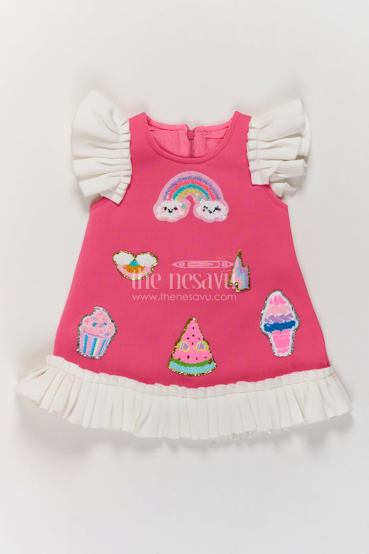 Girls Deep Pink Scuba Frock with Rainbow Motifs and White Pleated Trim