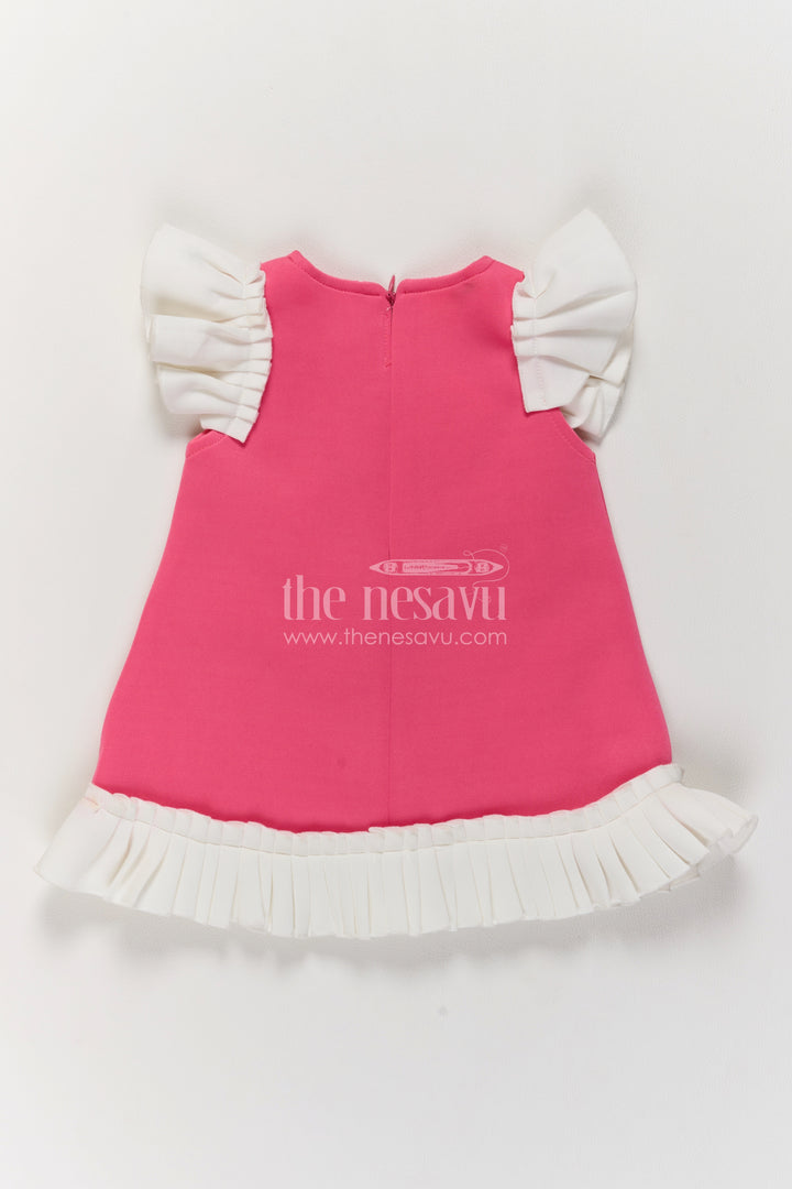 Girls Deep Pink Scuba Frock with Rainbow Motifs and White Pleated Trim