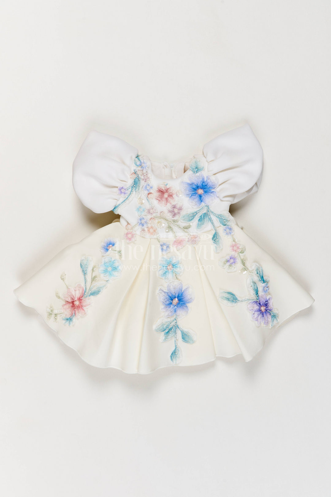 Girls Party Frock in Off White with Floral Detailing
