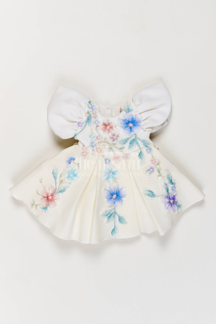 Girls Party Frock in Off White with Floral Detailing