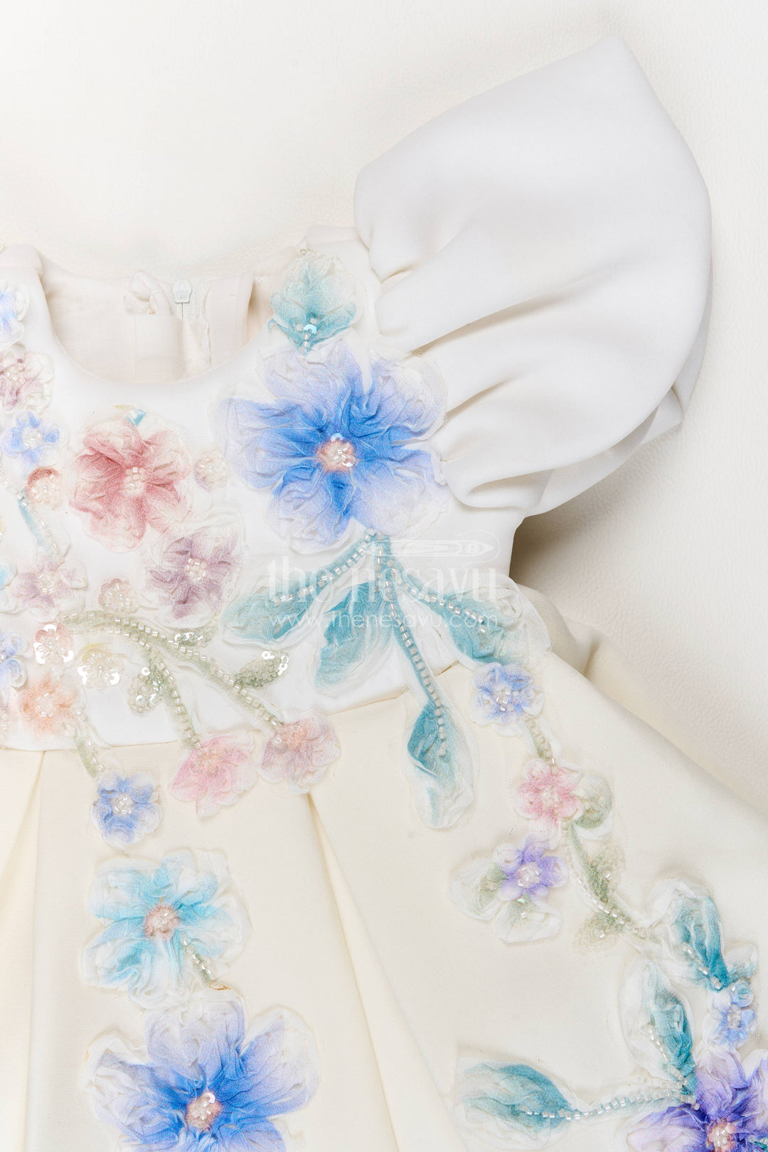 Girls Party Frock in Off White with Floral Detailing