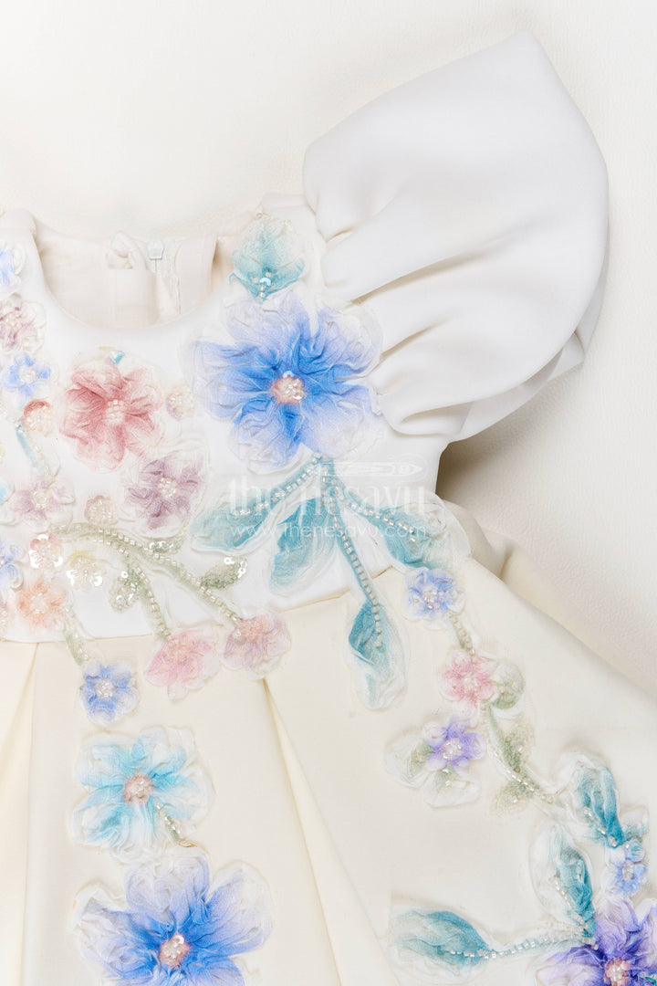 Girls Party Frock in Off White with Floral Detailing