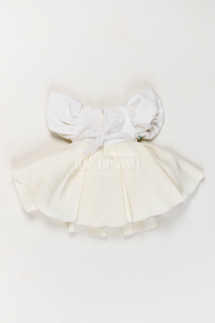 Girls Party Frock in Off White with Floral Detailing