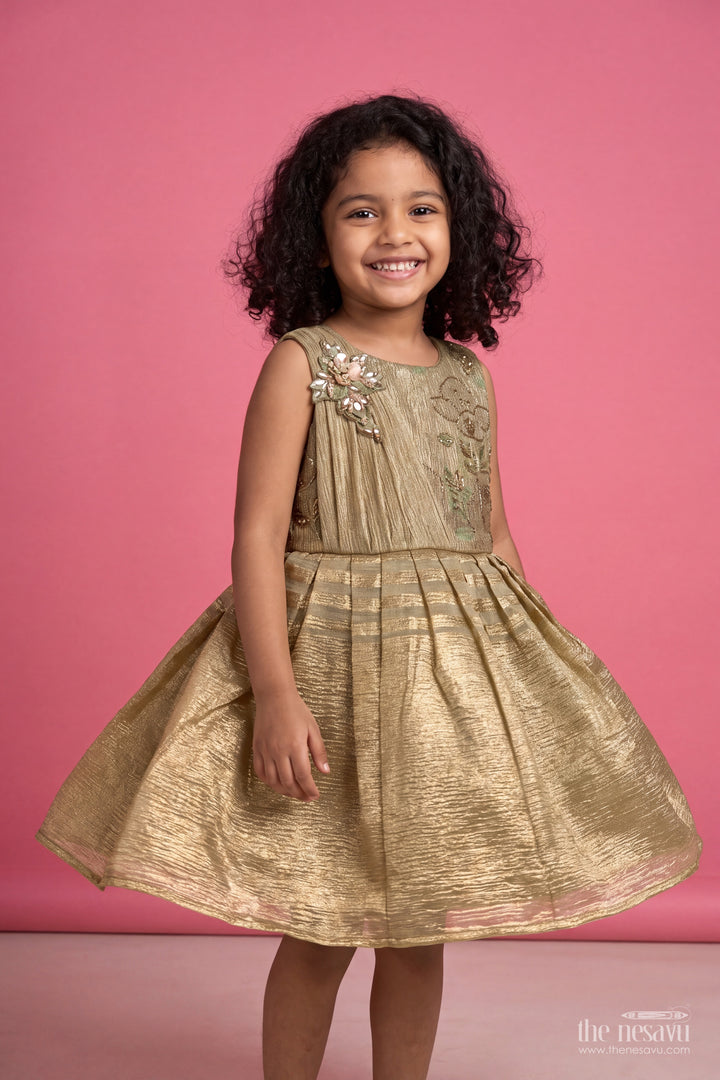 Girls Chinnon Chiffon Party Frock in Sage Green with Floral Yoke