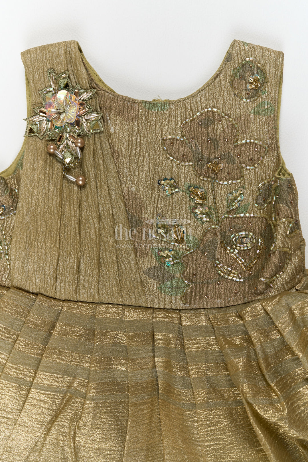 Girls Chinnon Chiffon Party Frock in Sage Green with Floral Yoke