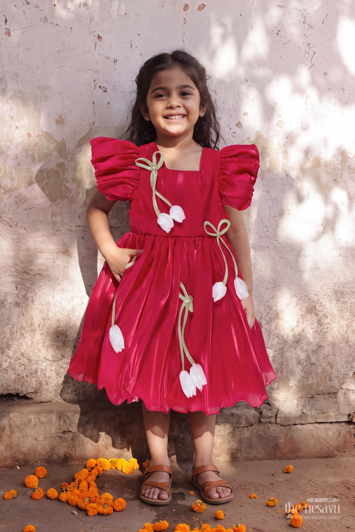 Girls Fuchsia Satin Party Frock with Tulip Bows and Ruffled Sleeves
