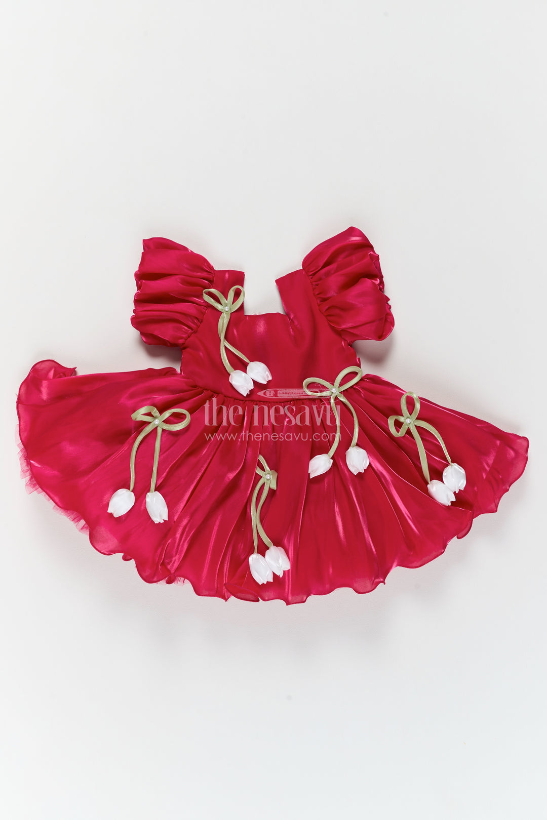 Girls Fuchsia Satin Party Frock with Tulip Bows and Ruffled Sleeves